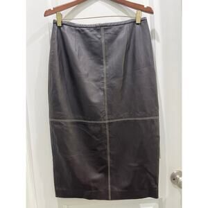 Lafayette 148 New York Chocolate Brown Leather Midi Pencil Skirt Sz 8